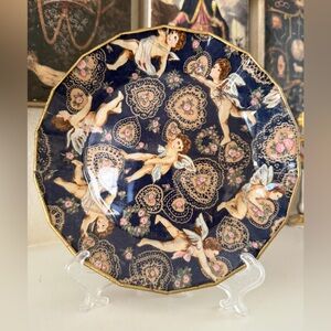 Cherub Decoupage Decorative‎ Plate – Vintage Navy & Gold Angel Art